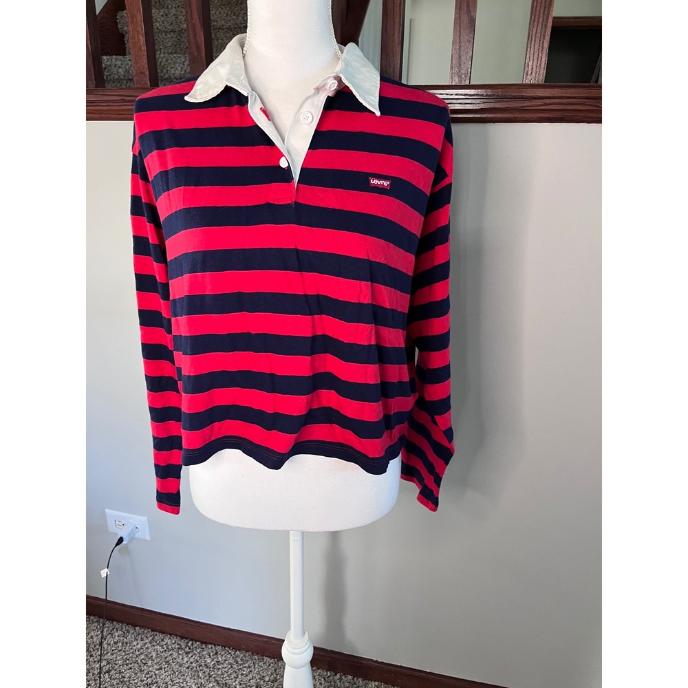 Levis Womens Red Navy Blue Striped Cropped Rugby Shirt Long Sleeve Small
